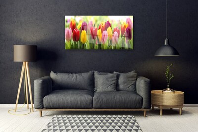 Glass Wall Art Tulips floral pink red yellow