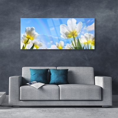 Glass Wall Art Flowers floral white green