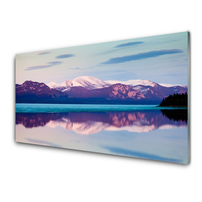 Glass Wall Art Mountain lake landscape white brown blue black