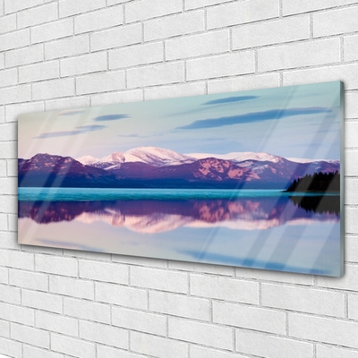 Glass Wall Art Mountain lake landscape white brown blue black