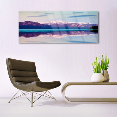 Glass Wall Art Mountain lake landscape white brown blue black