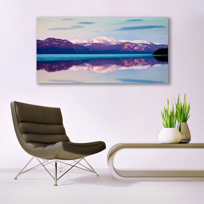 Glass Wall Art Mountain lake landscape white brown blue black