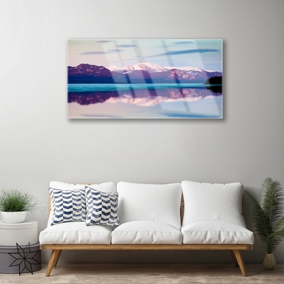 Glass Wall Art Mountain lake landscape white brown blue black