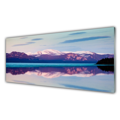 Glass Wall Art Mountain lake landscape white brown blue black