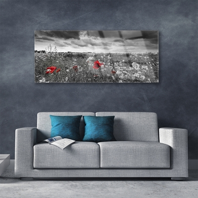 Glass Wall Art Meadow flowers nature grey red