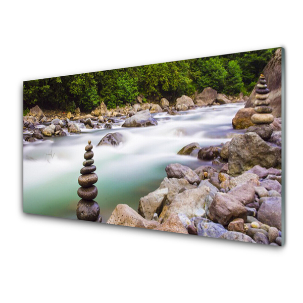 Glass Wall Art Forest lake stones landscape green white grey brown