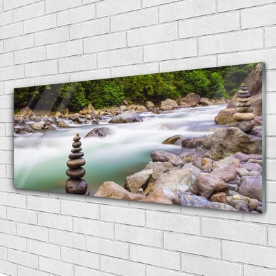 Glass Wall Art Forest lake stones landscape green white grey brown