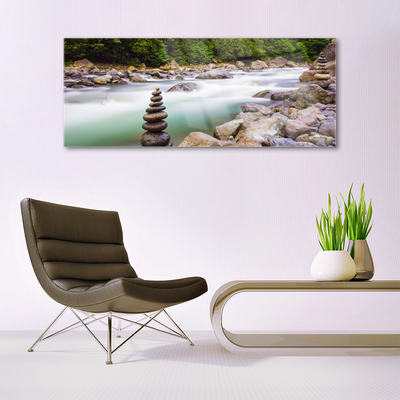 Glass Wall Art Forest lake stones landscape green white grey brown