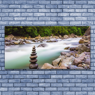 Glass Wall Art Forest lake stones landscape green white grey brown