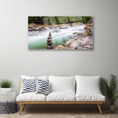 Glass Wall Art Forest lake stones landscape green white grey brown