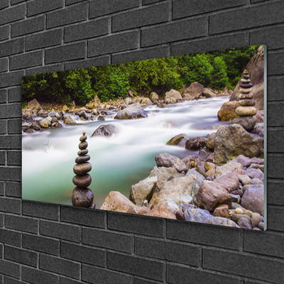 Glass Wall Art Forest lake stones landscape green white grey brown