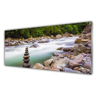 Glass Wall Art Forest lake stones landscape green white grey brown