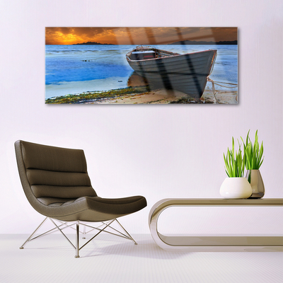 Glass Wall Art Beach boat sea landscape green brown grey blue