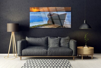 Glass Wall Art Beach boat sea landscape green brown grey blue