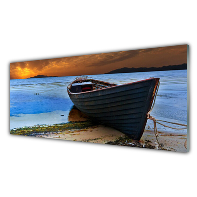 Glass Wall Art Beach boat sea landscape green brown grey blue