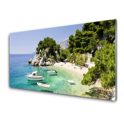 Glass Wall Art Sea boat beach rocks landscape blue white green grey