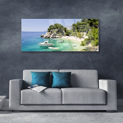 Glass Wall Art Sea boat beach rocks landscape blue white green grey