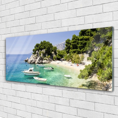 Glass Wall Art Sea boat beach rocks landscape blue white green grey