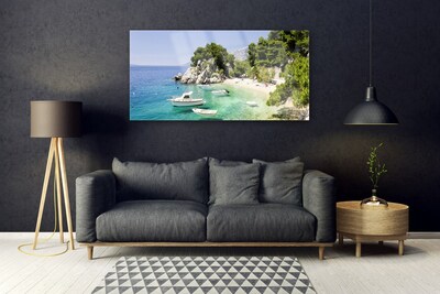 Glass Wall Art Sea boat beach rocks landscape blue white green grey