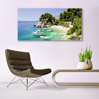 Glass Wall Art Sea boat beach rocks landscape blue white green grey