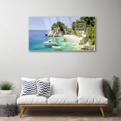 Glass Wall Art Sea boat beach rocks landscape blue white green grey