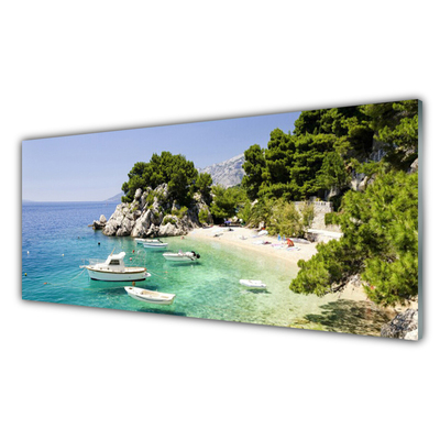 Glass Wall Art Sea boat beach rocks landscape blue white green grey