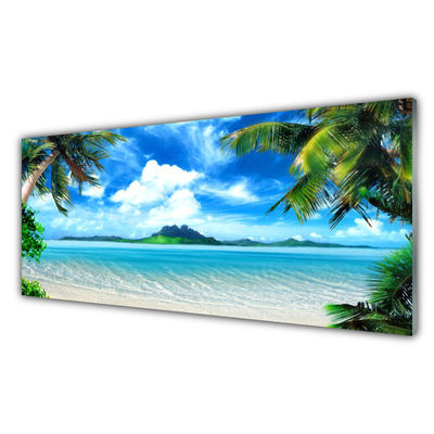 Glass Wall Art Palm tree sea landscape brown green blue