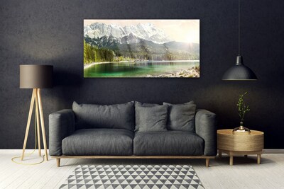 Glass Wall Art Mountain forest lake landscape white grey green