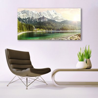 Glass Wall Art Mountain forest lake landscape white grey green