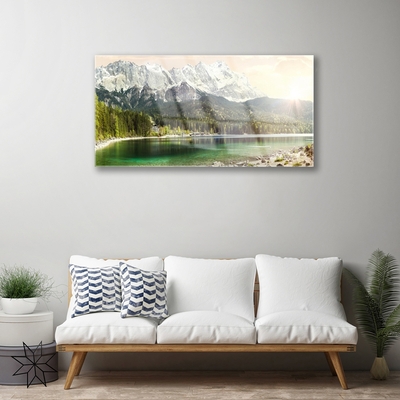 Glass Wall Art Mountain forest lake landscape white grey green