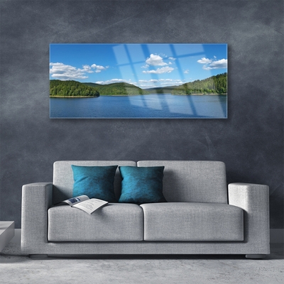 Glass Wall Art Lake forest landscape green blue