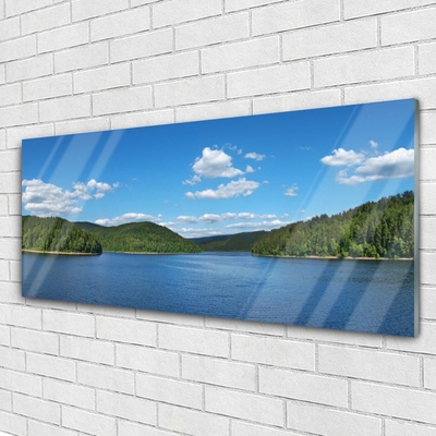 Glass Wall Art Lake forest landscape green blue