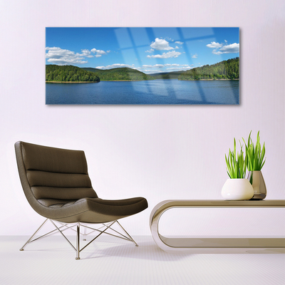 Glass Wall Art Lake forest landscape green blue