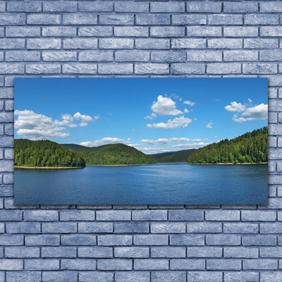 Glass Wall Art Lake forest landscape green blue