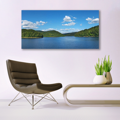 Glass Wall Art Lake forest landscape green blue