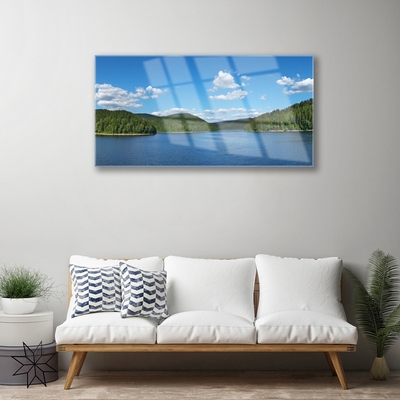 Glass Wall Art Lake forest landscape green blue