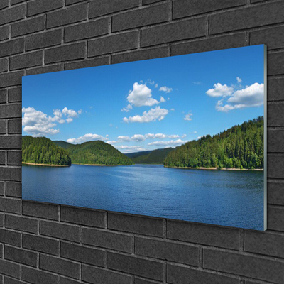 Glass Wall Art Lake forest landscape green blue