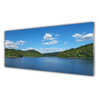 Glass Wall Art Lake forest landscape green blue