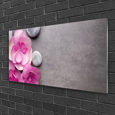 Glass Wall Art Flower stones floral pink grey