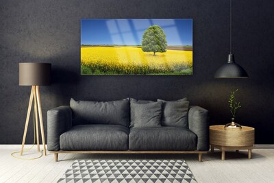 Glass Wall Art Meadow tree nature yellow brown green