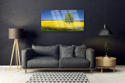 Glass Wall Art Meadow tree nature yellow brown green