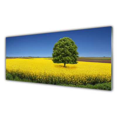 Glass Wall Art Meadow tree nature yellow brown green