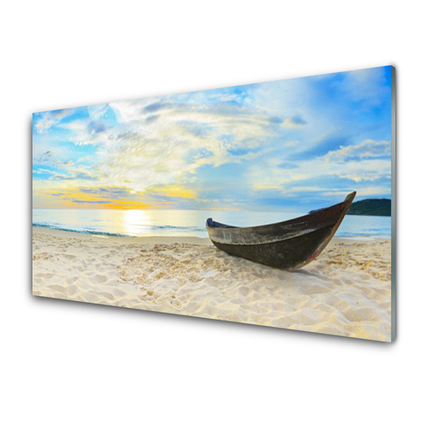 Glass Wall Art Boat beach landscape grey brown