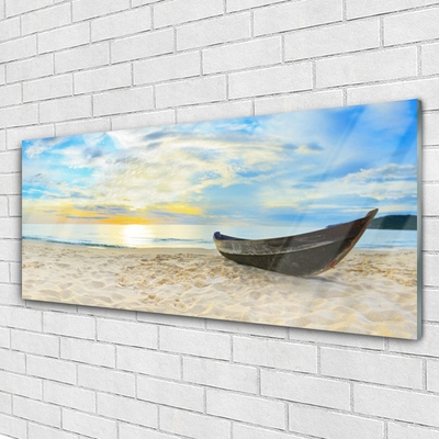 Glass Wall Art Boat beach landscape grey brown