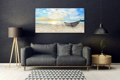 Glass Wall Art Boat beach landscape grey brown