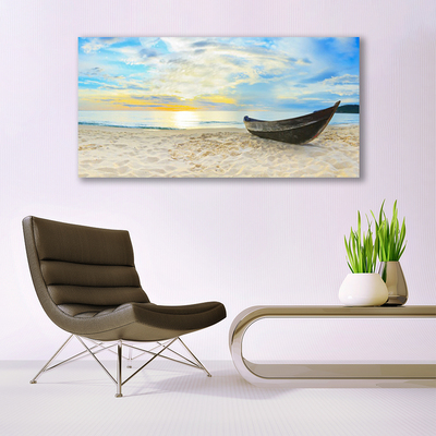 Glass Wall Art Boat beach landscape grey brown