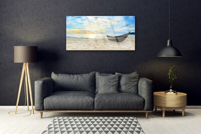 Glass Wall Art Boat beach landscape grey brown