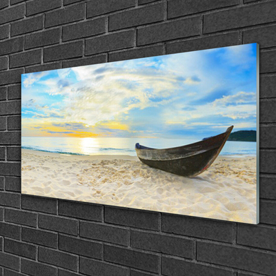 Glass Wall Art Boat beach landscape grey brown