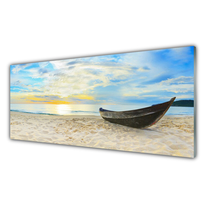 Glass Wall Art Boat beach landscape grey brown