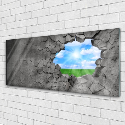 Glass Wall Art Hole grass sky art grey blue green